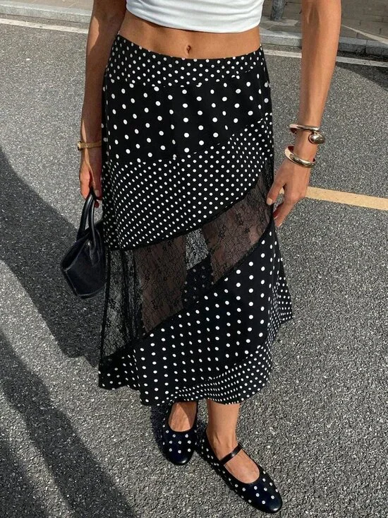 Black Casual Women's Elegant Polka Dot Print Contrast Lace Skirt - Picture 3 of 5